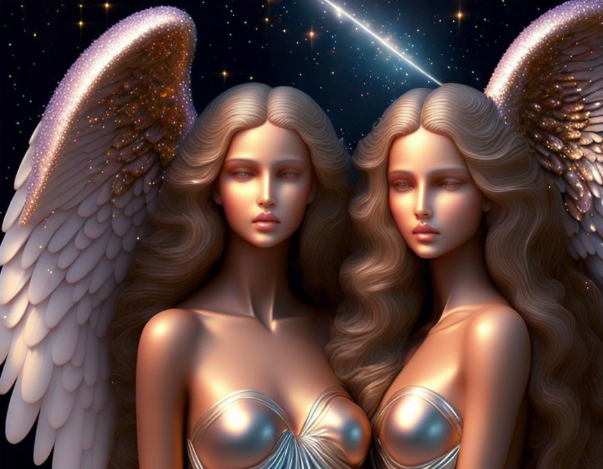 Symmetrical twin female figures with angelic wings in starry night sky