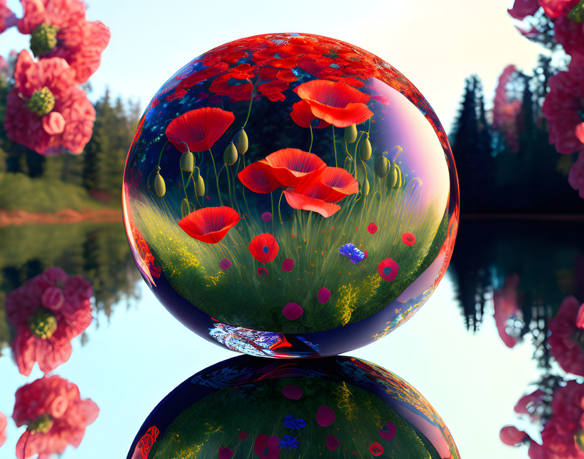 Reflective sphere showcases vibrant red poppies and green foliage against serene lake and forest backdrop