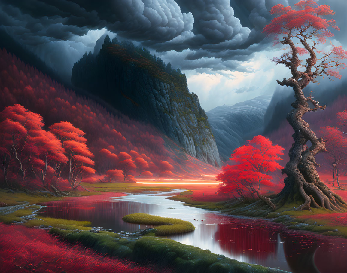 Fiery red forest landscape with solitary tree, river, and dark cliffs