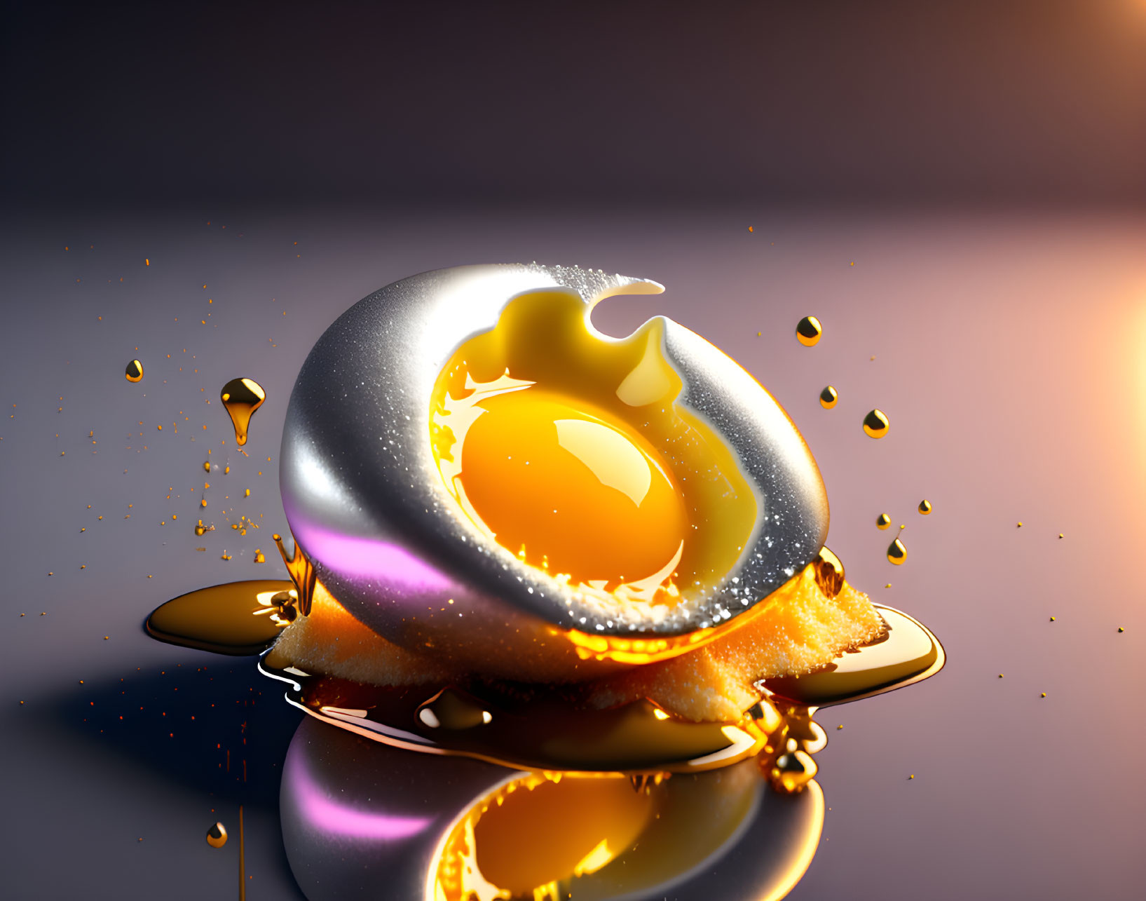 Metallic-Looking Fried Egg Splashing into Golden Liquid