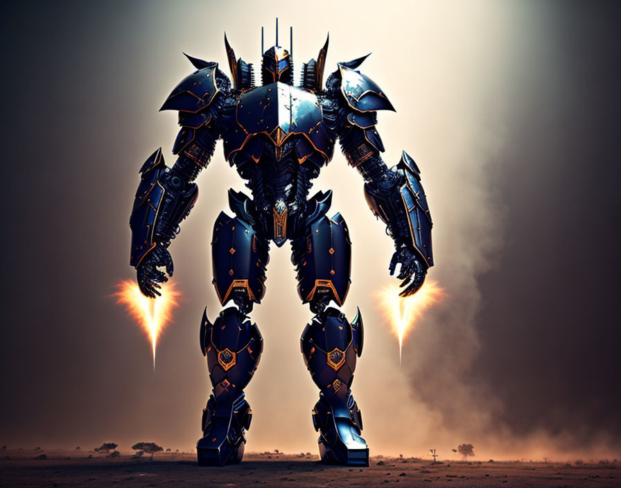 Gigantic blue and black armored robot in desert with firing jets