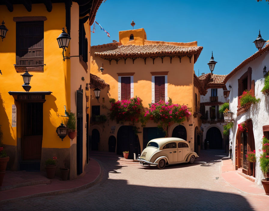 Picturesque European Street Scene with Colorful Buildings, Flowers, and Vintage Car