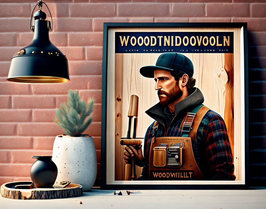 Bearded man with tools and "WOODWORKING" text in frame on wooden shelf