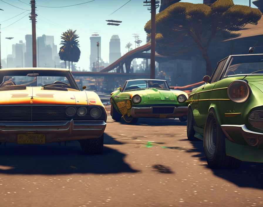 Three Vintage Cars Parked on Sunny Street with Palm Trees