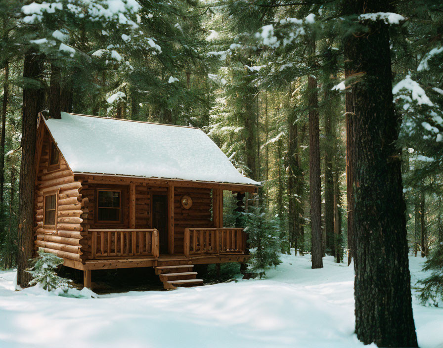 Snowy log cabin nestled in serene forest