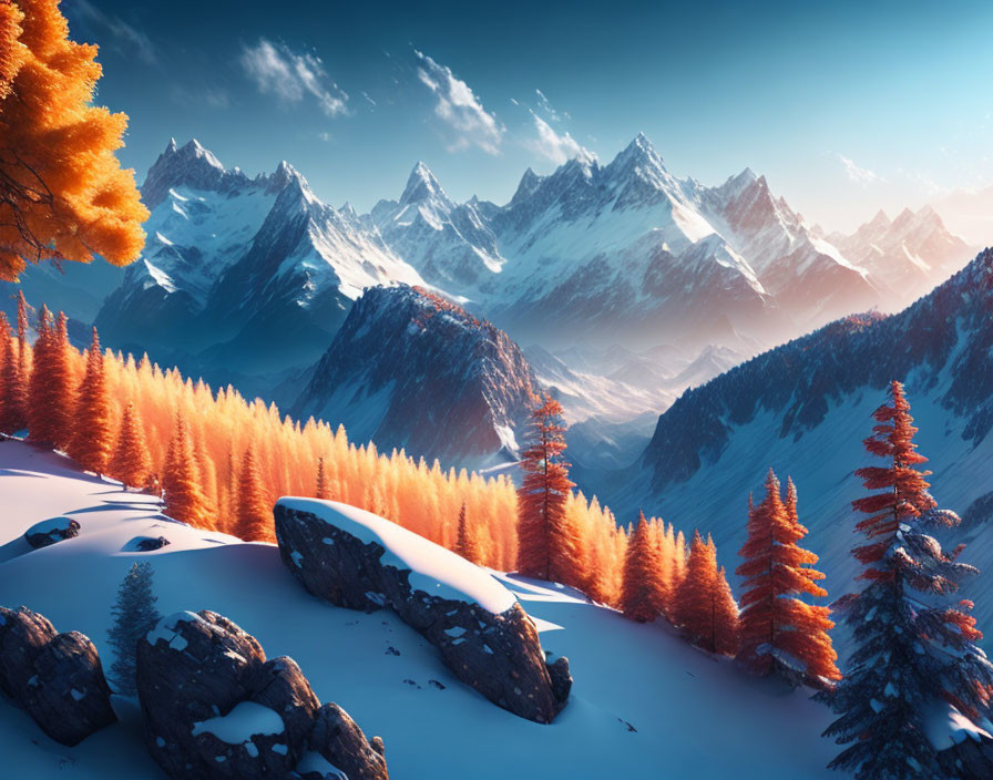 Winter landscape with orange forest, snowy peaks, and boulders