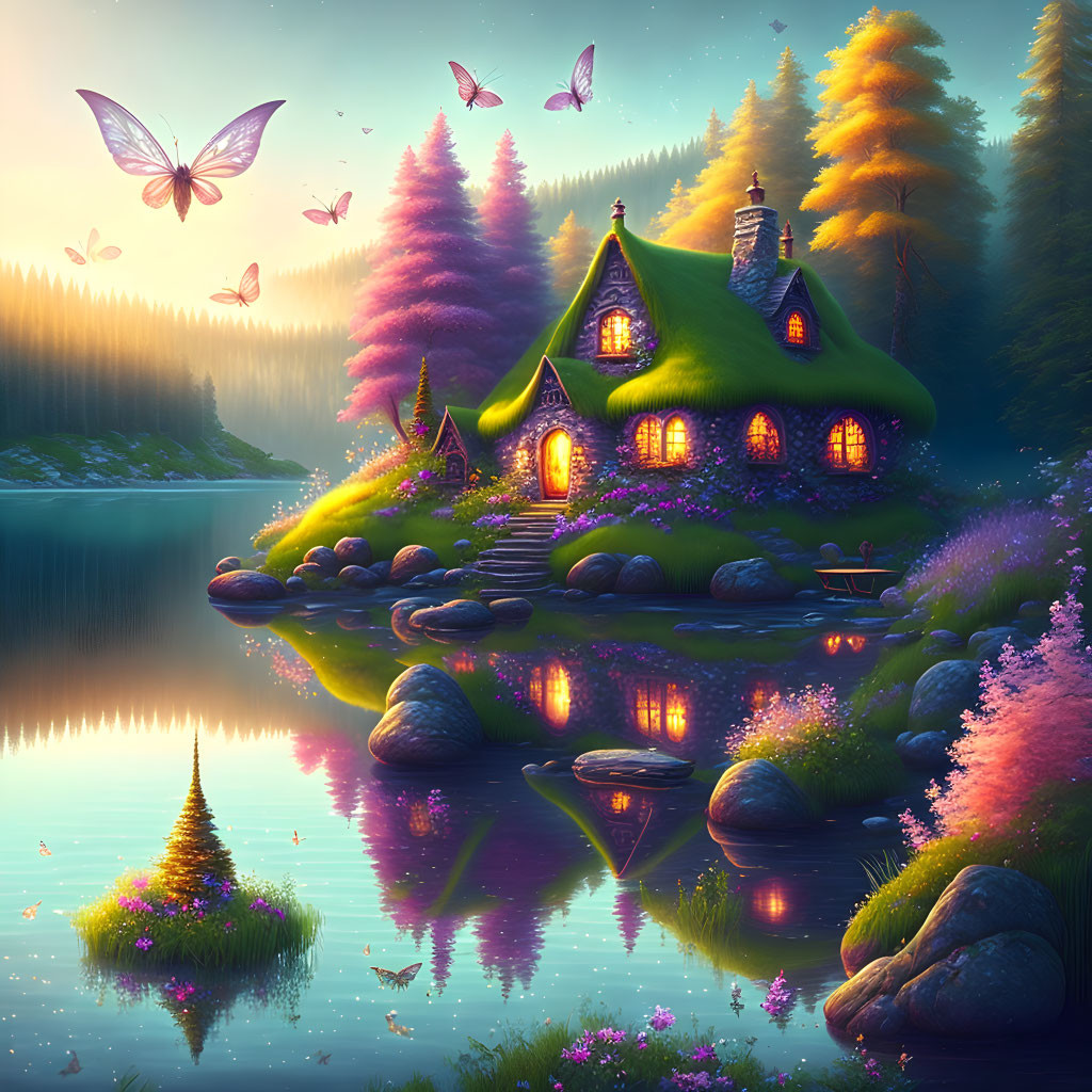 Enchanting fairy-tale cottage in colorful forest by lake