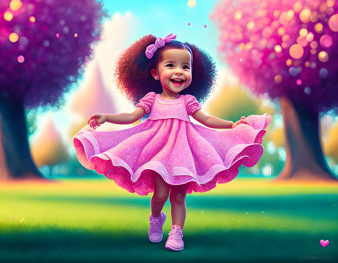 Illustrated toddler girl twirling in sparkly pink dress in whimsical park with purple trees