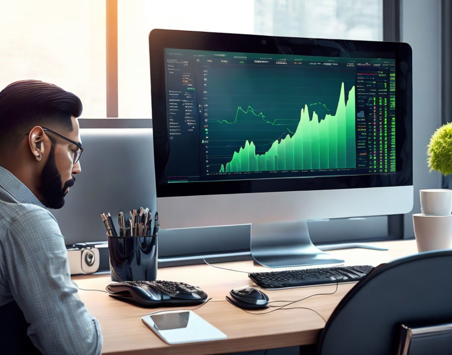 Bearded man in glasses analyzing financial charts at desk