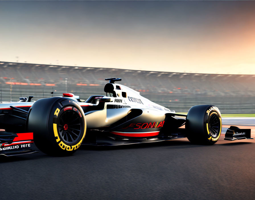 Sleek white Formula 1 race car on sunset track