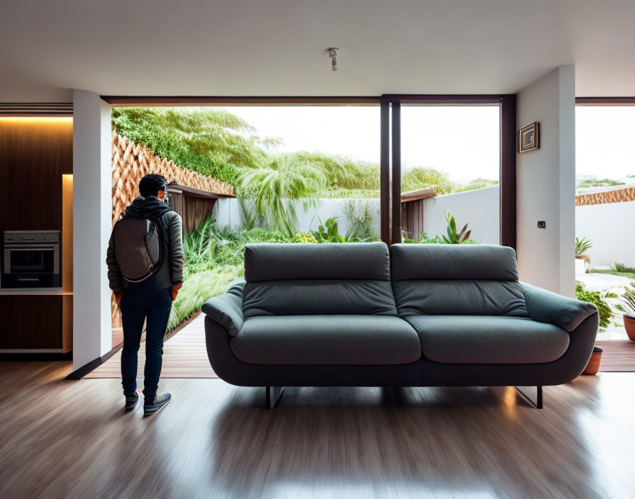 Contemporary living room with dark gray sofa, wooden floors, and large garden view.