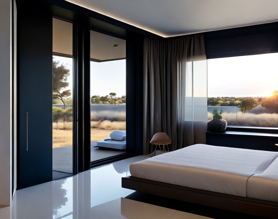 Spacious bedroom with sunset view, glossy flooring, minimalist decor