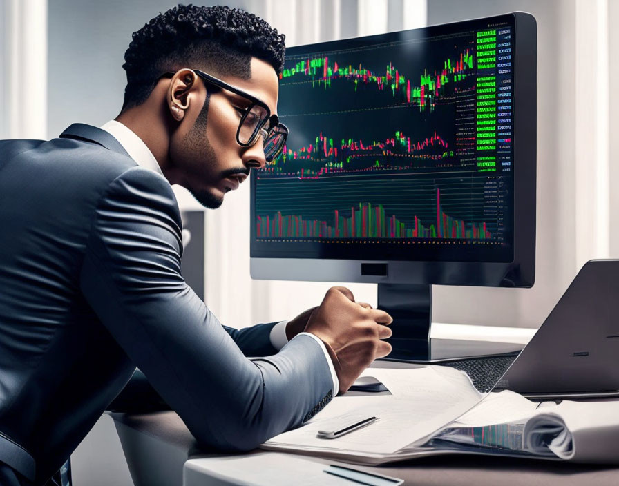 Businessman Analyzing Financial Charts on Computer Screen