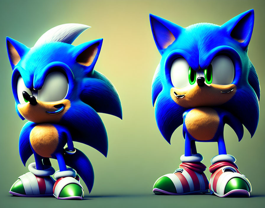 Two stylized CGI Sonic the Hedgehog versions with vibrant colors and exaggerated features