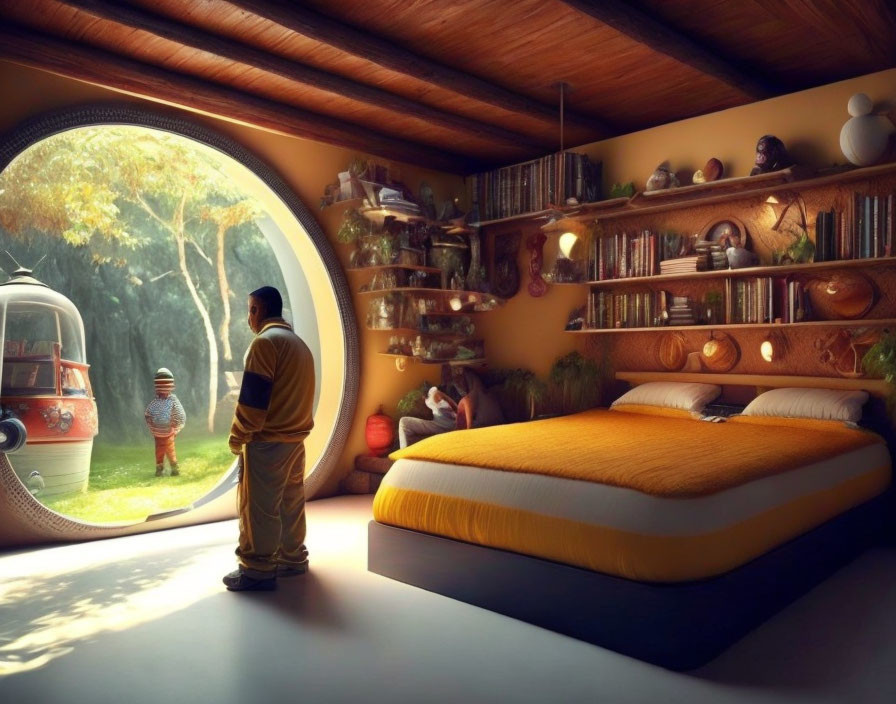 Circular room with warm lighting, man in yellow by window, child outside, vintage van.