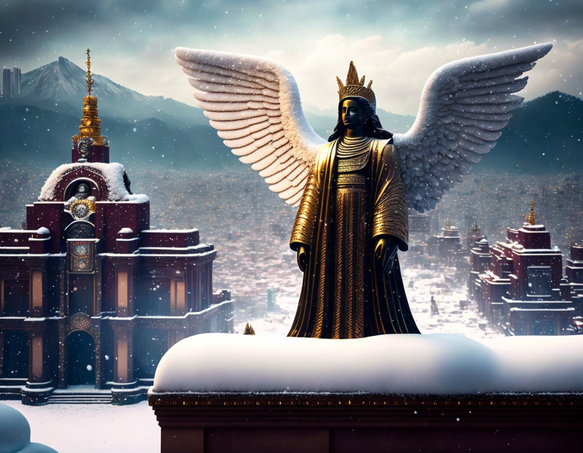 Golden angel statue with spread wings in snowy landscape