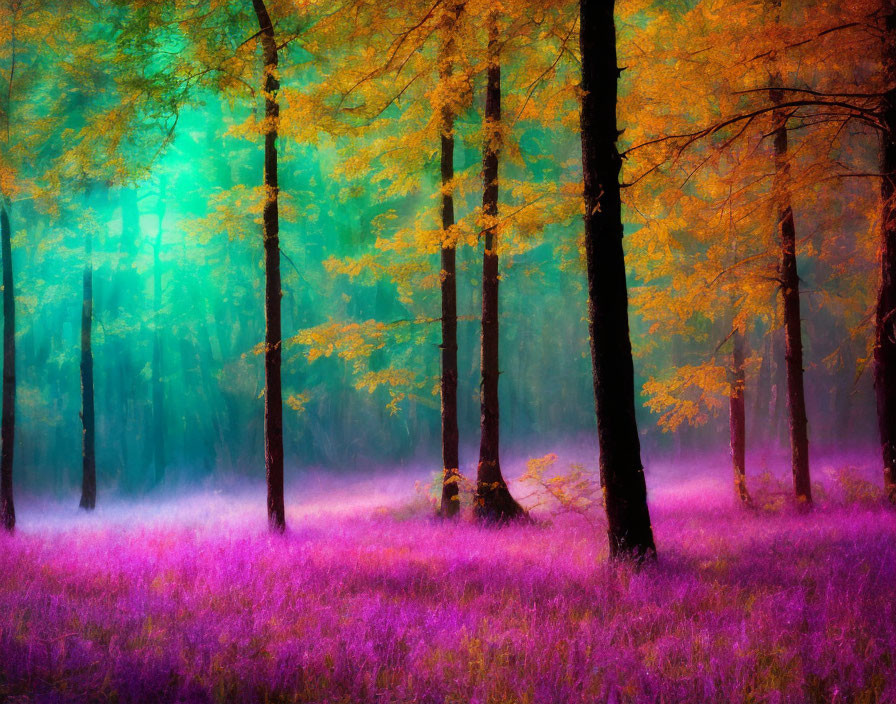 Vibrant purple ground cover, golden-yellow trees, and surreal teal canopy in a mystical forest