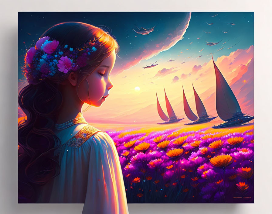 Girl with floral crown admires sunset sea with sailing boats, surrounded by purple flowers, crescent moon