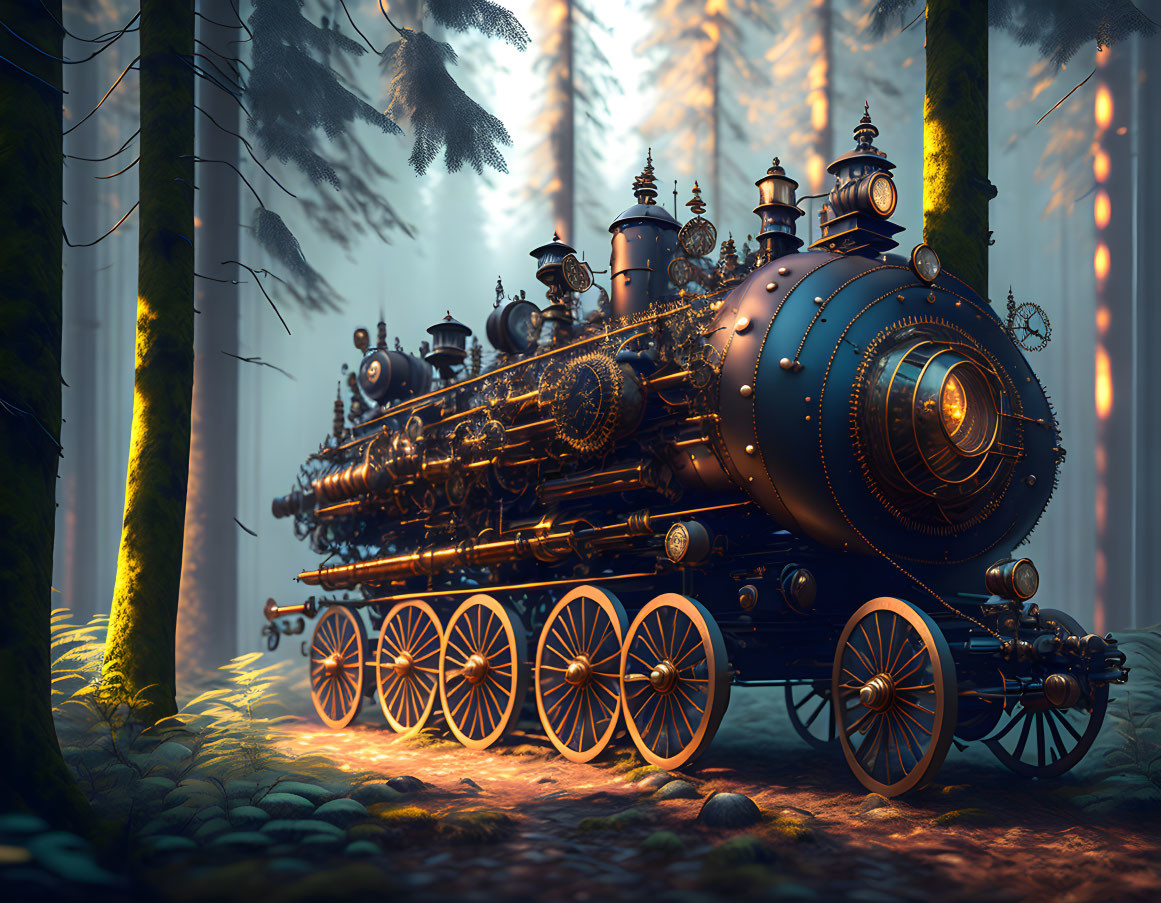 Steampunk-style train in mystical forest with sunlight filtering through trees