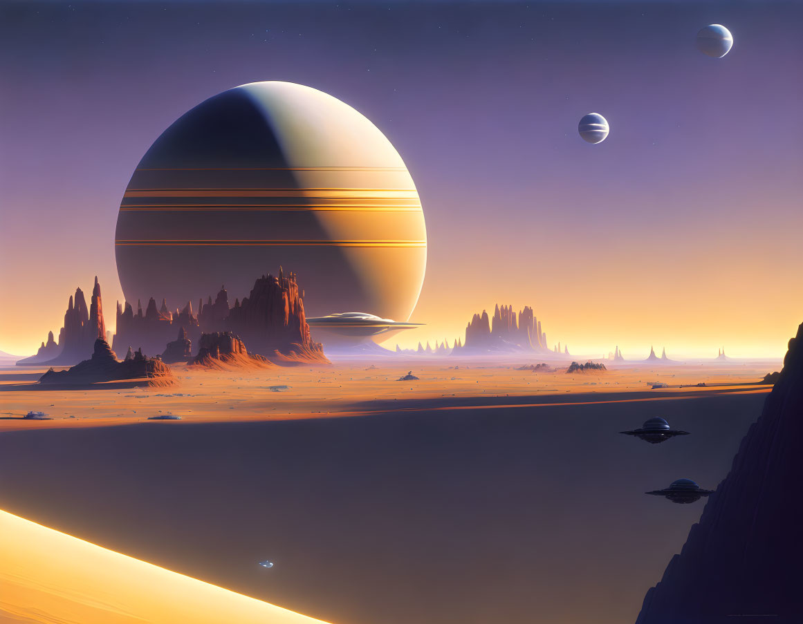 Surreal landscape with giant ringed planet over desert and rock formations