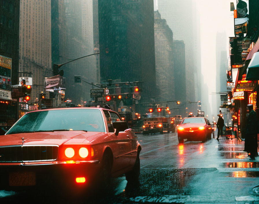 Vintage red car in rainy cityscape with neon signs and pedestrians.