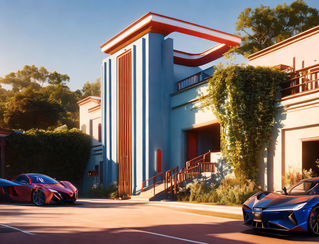 Modern Art Deco Building Surrounded by Greenery and Luxury Cars