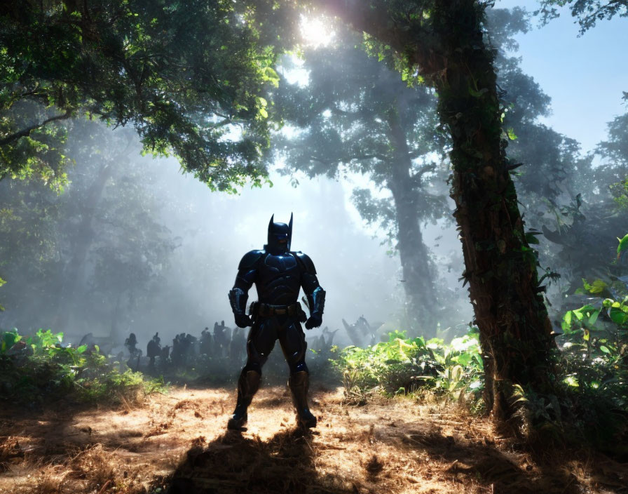 Person in Batman costume in sunlit forest with dramatic lighting