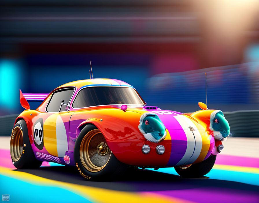 Colorful race car with expressive eyes on blurred racetrack background