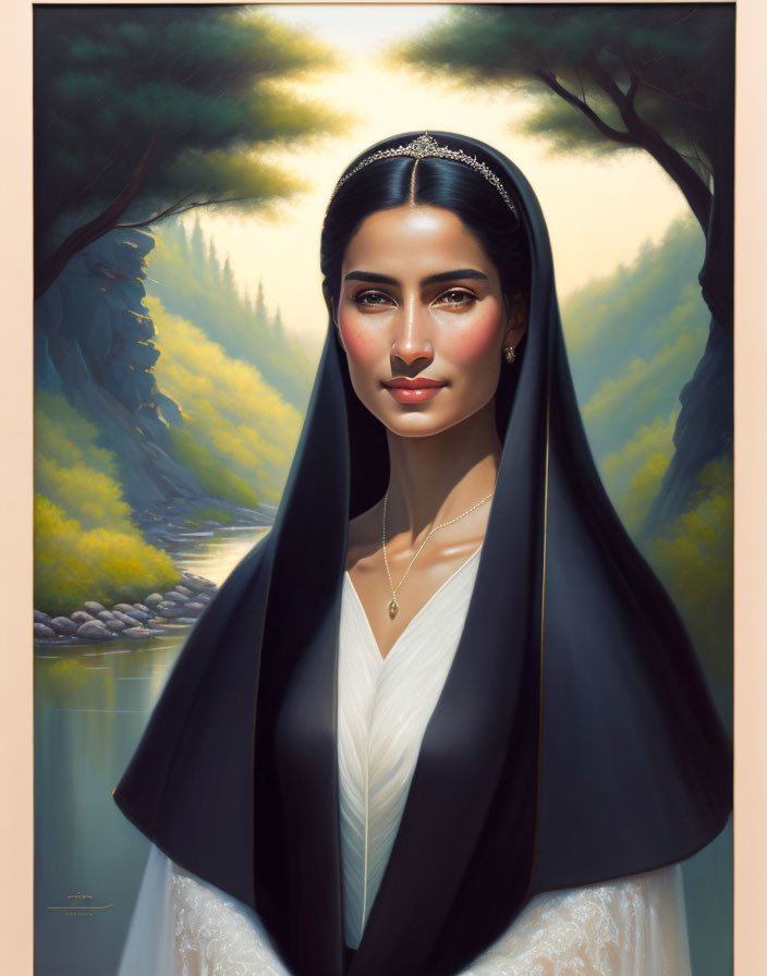 Dark-haired woman in black veil by serene river and lush forest.