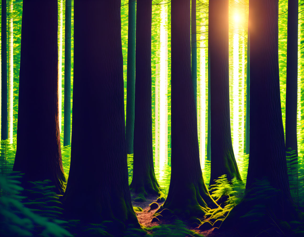 Dense forest scene: Sunlight filtering through, illuminating green underbrush