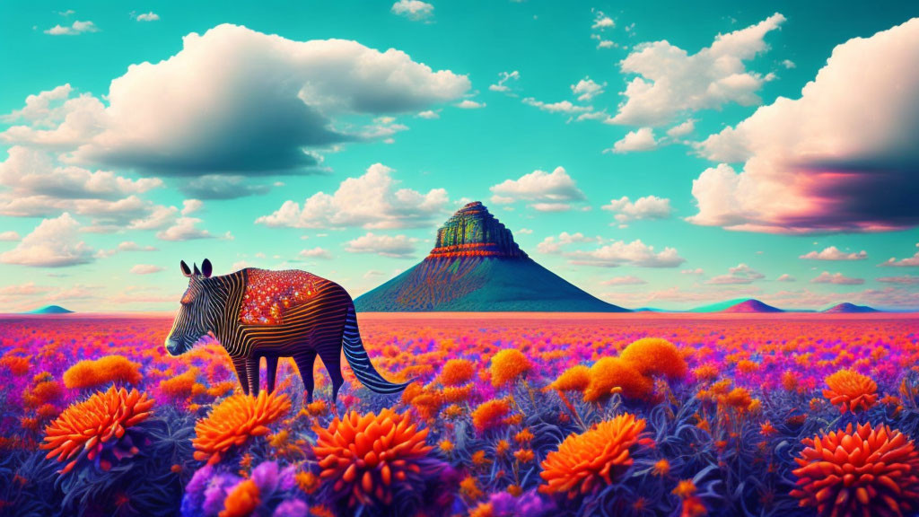 Colorful landscape with zebra, flowers, mountain, and clouds