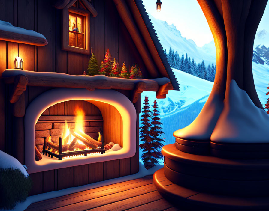 Cozy cabin fireplace with snowy steps and mountain backdrop