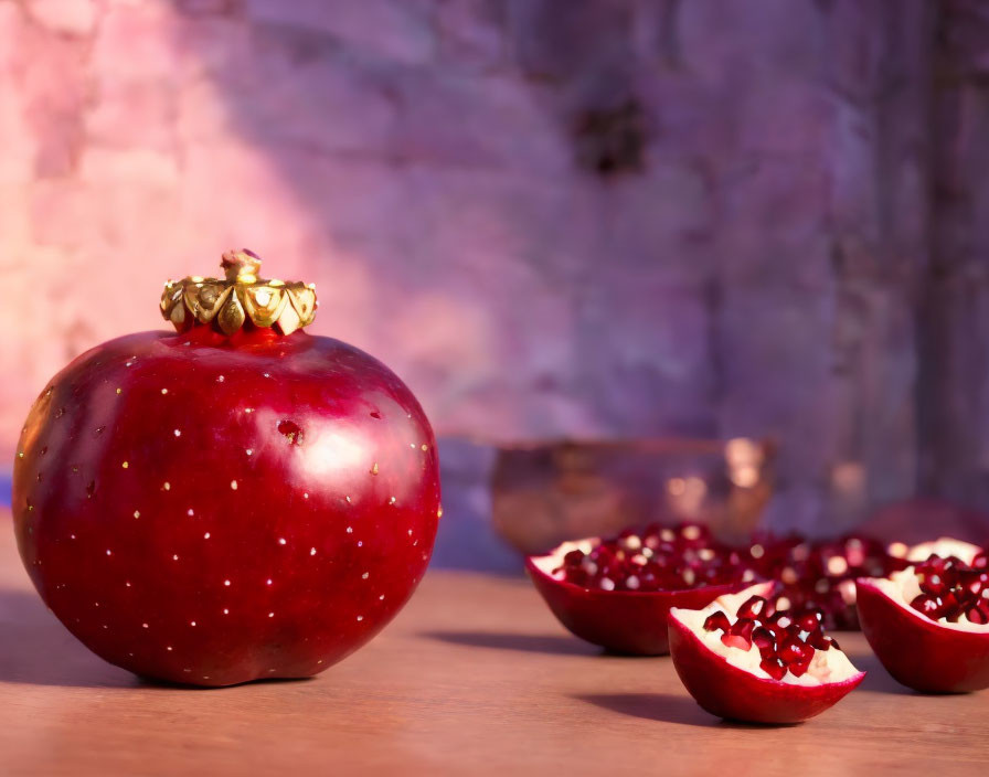 Fresh pomegranate and seeds on wooden surface with blurred brick background