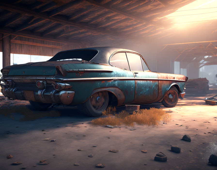 Rusty vintage car in dusty barn with sunlight highlighting classic lines