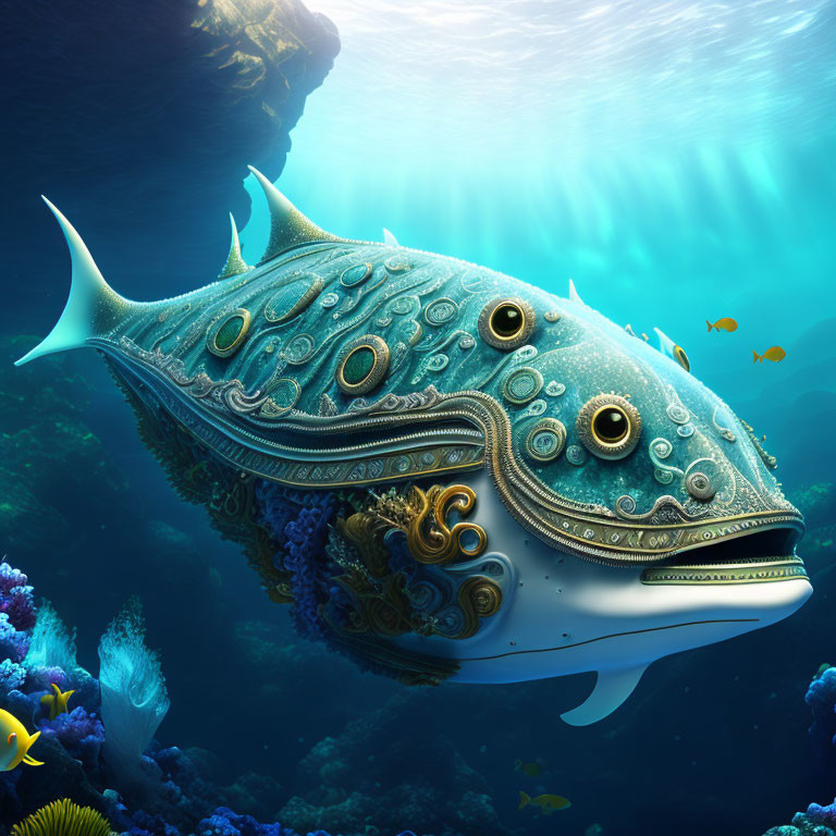 Surreal fish illustration with ornate metalwork and coral reef