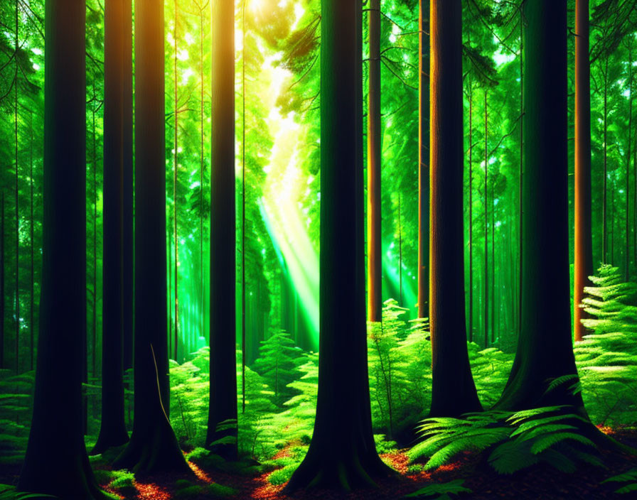 Sunlit Forest with Tall Trees and Green Ferns in Nature Scene