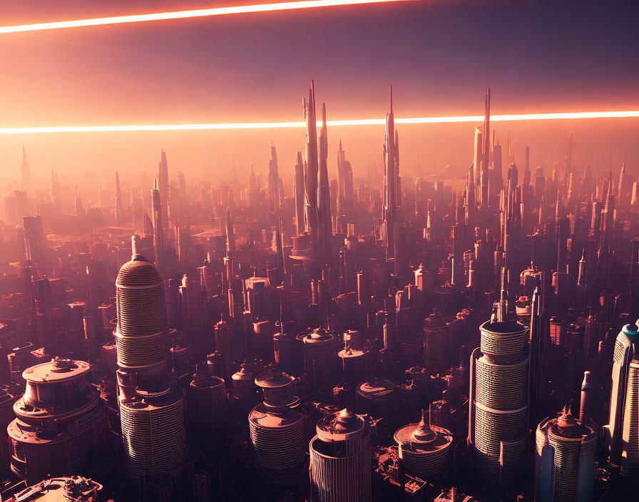 Futuristic cityscape with high-rise buildings under an orange-hued sky