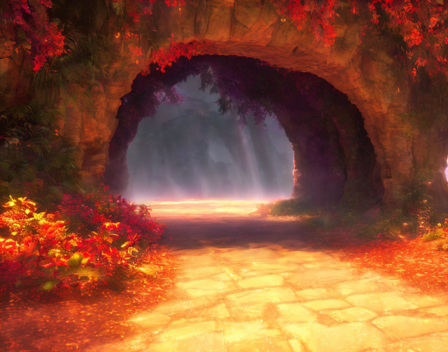 Golden Pathway Through Red-Leafed Archway to Ethereal Forest