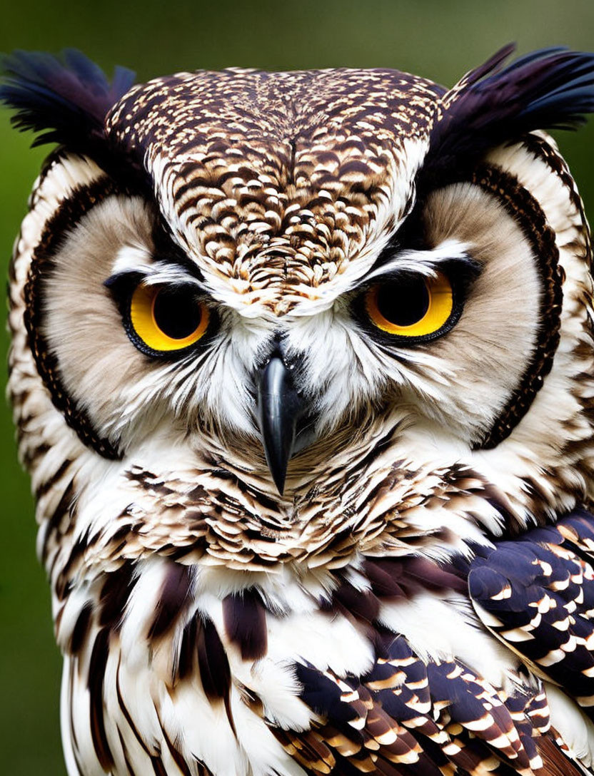 Brown and White Owl with Yellow Eyes and Tufted Feathers on Green Background