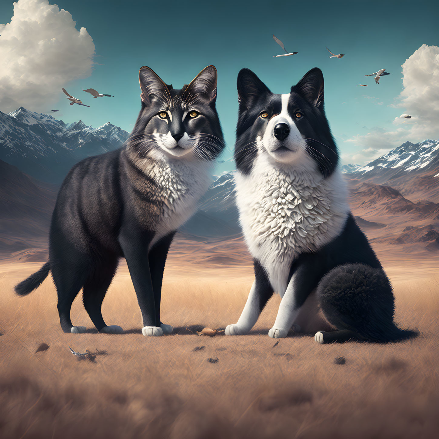 Realistic cat and dog in serene mountain landscape