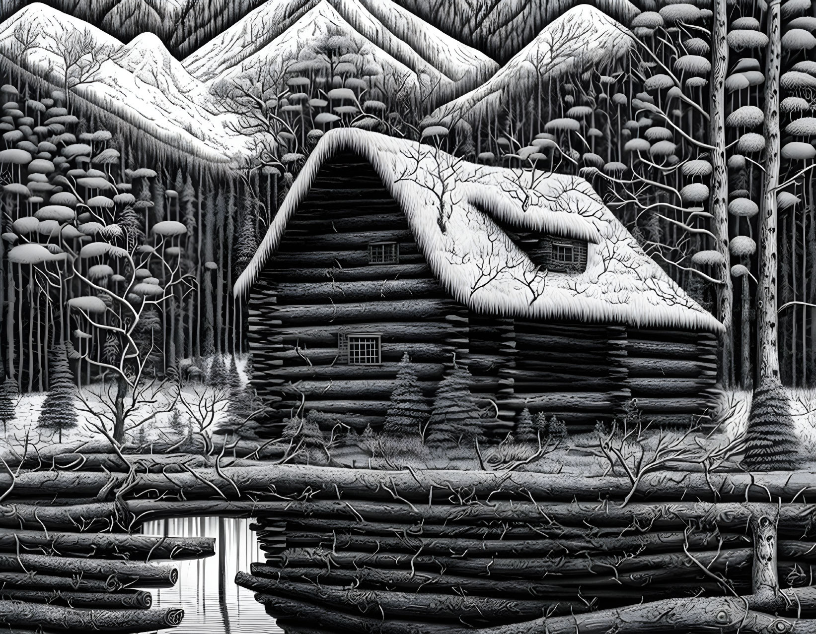 Snow-covered log cabin in winter forest scenery