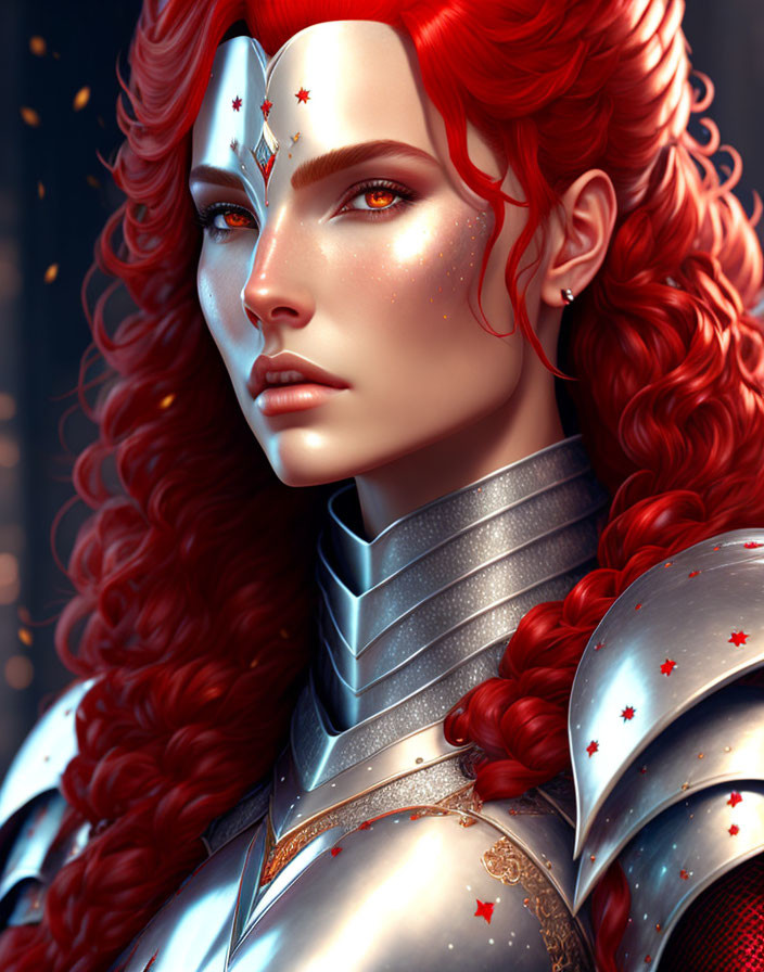 Vibrant red-haired woman in silver armor with red star details on blue background