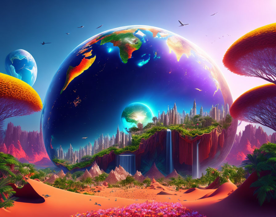 Surrealist landscape with floating orbs, waterfalls, lush flora, pink-purple sky