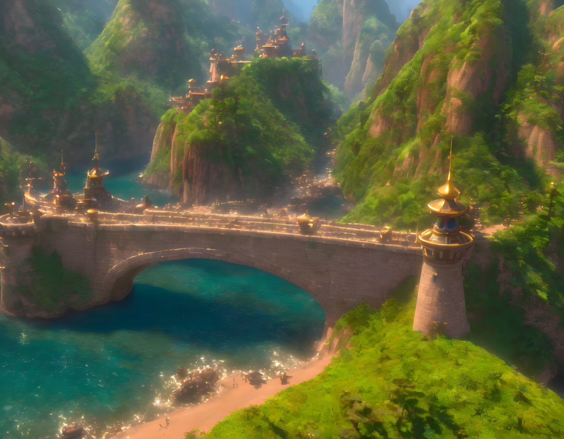 Ornate bridge over lush cliffs with golden spires