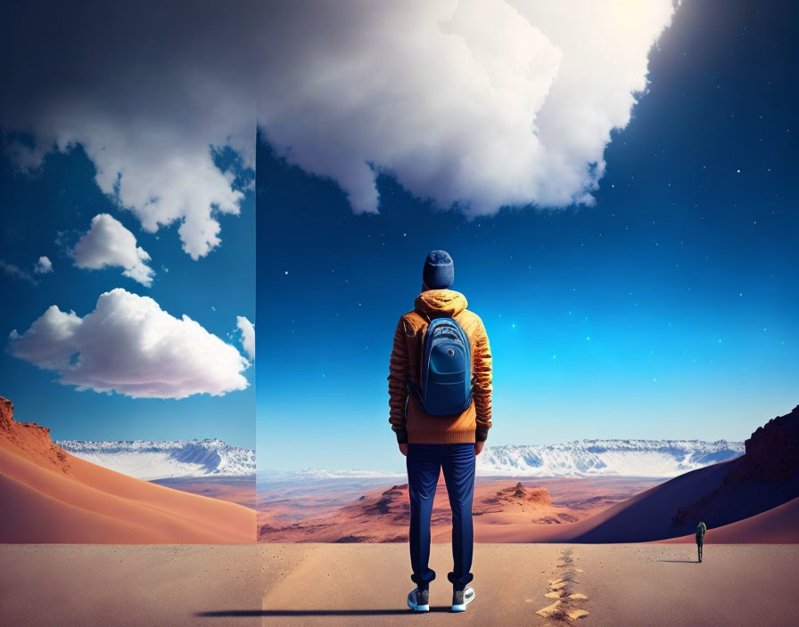 Person standing before surreal split scene with desert landscape and starry night sky.