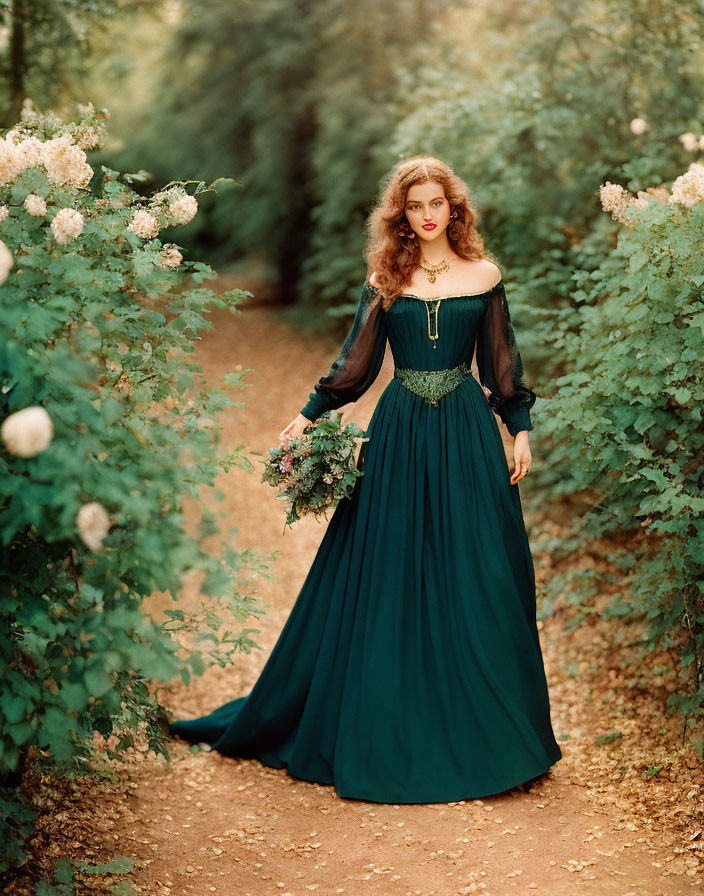 Woman in vintage green and black dress with bouquet on lush path