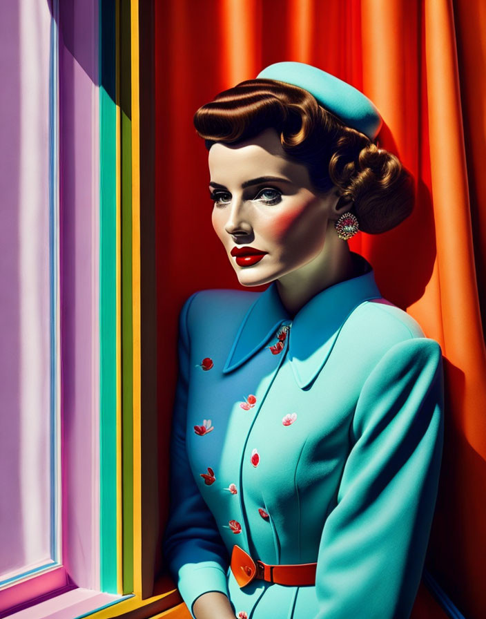 Digitally-illustrated woman in vintage blue suit and beret by colorful window