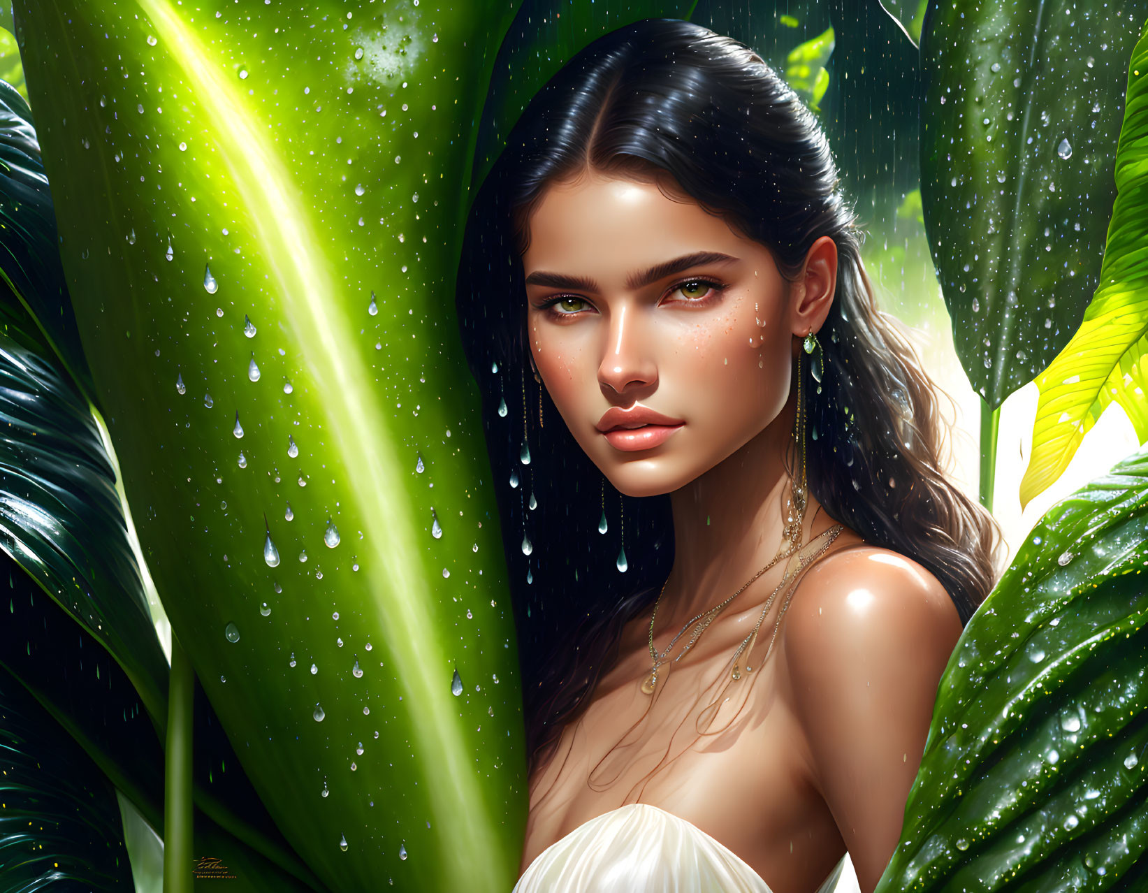 Digital artwork: Young woman in lush greenery with water droplets, exuding natural beauty and ser