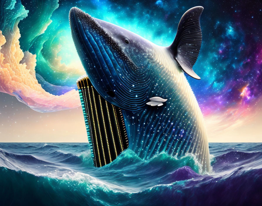 Surreal whale with celestial night sky body breaching ocean surface