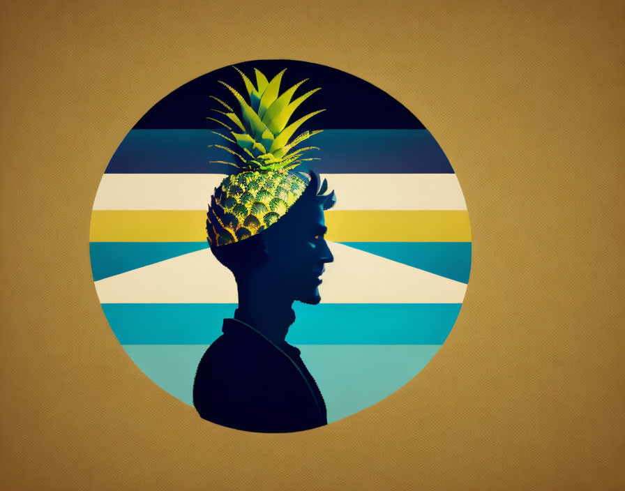 Person silhouette with pineapple head on striped background in circular frame